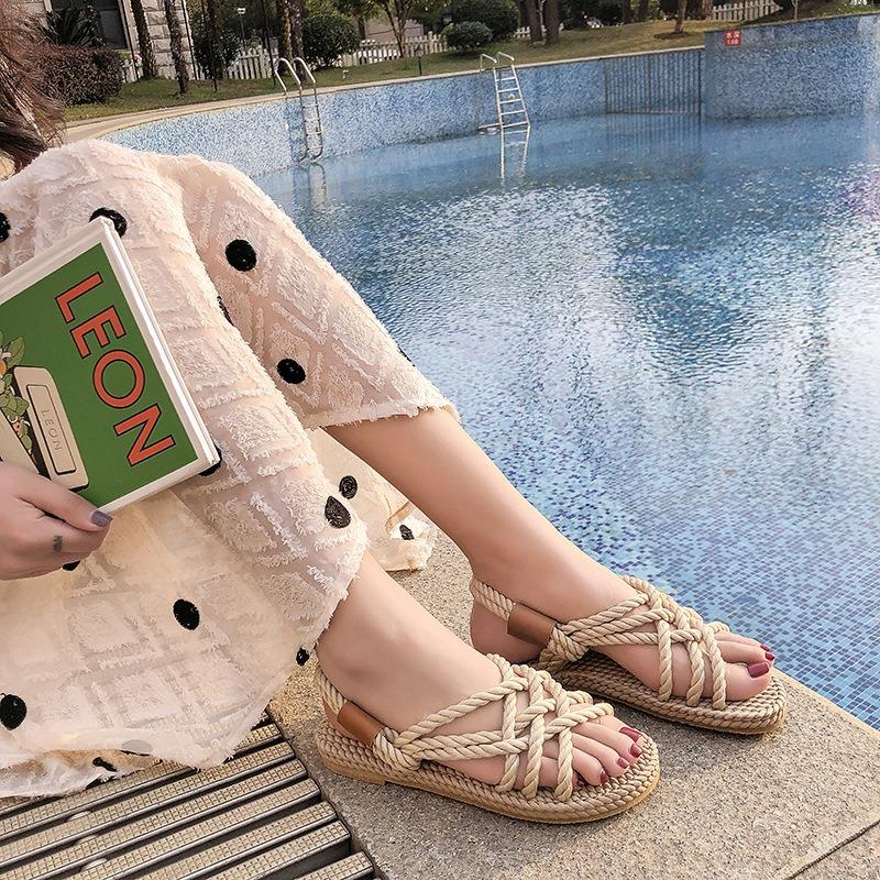 Sandalai Moteriški Plokščiapadžiai Kanapinė Virvė Kryžiuoti Dirželiai Moteriški Batai Atviru Priekiu Kasdieniai Paplūdimio Sandalai
