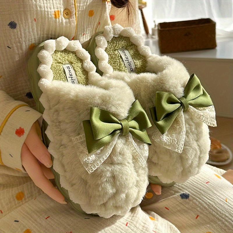 Women's Plush Slip-On Moccasin House Shoes, Cozy Thick Plush Lining with Bow Accent & Soft Fabric Upper, Non-Slip Indoor/Outdoor Winter Slippers