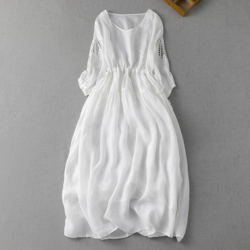 Literarisches Retro-Kleid für Damen, hautfreundlich, große Größe, mit sieben Ärmeln, hohle, lockere Taille