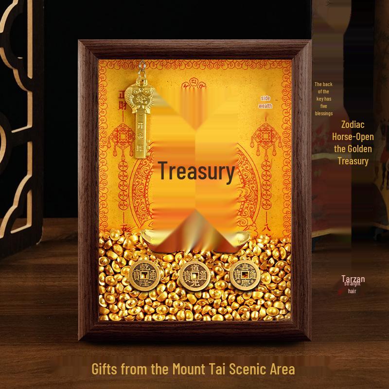 2025 Auspicious Open Wealth Photo Frame with Golden Key, Solid Wood Entrance Foyer, Zodiac Animals, Five Roads to Attract Wealth.