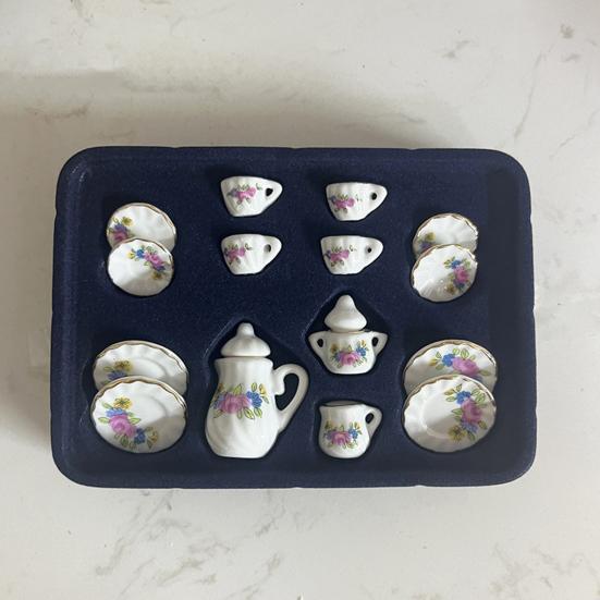 1:12 Miniature Ceramic Tea Set Gold Edge Collection Realistic Mini Teapot Cups And Saucers Micro Scene Decor for DIY Projects Collectors Kids