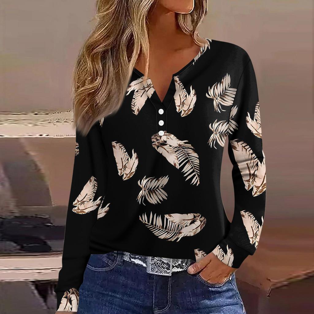 Dámské tričko Tričko Knoflíček Dlouhý rukáv Denní víkendová móda Basic Top s výstřihem do V