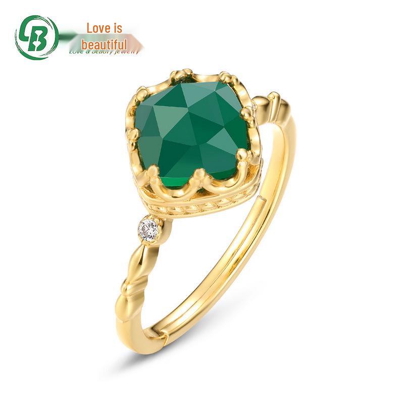 2022 Japanese Retro Green Agate Lace Ring for Women, S925 Silver Muslim Design