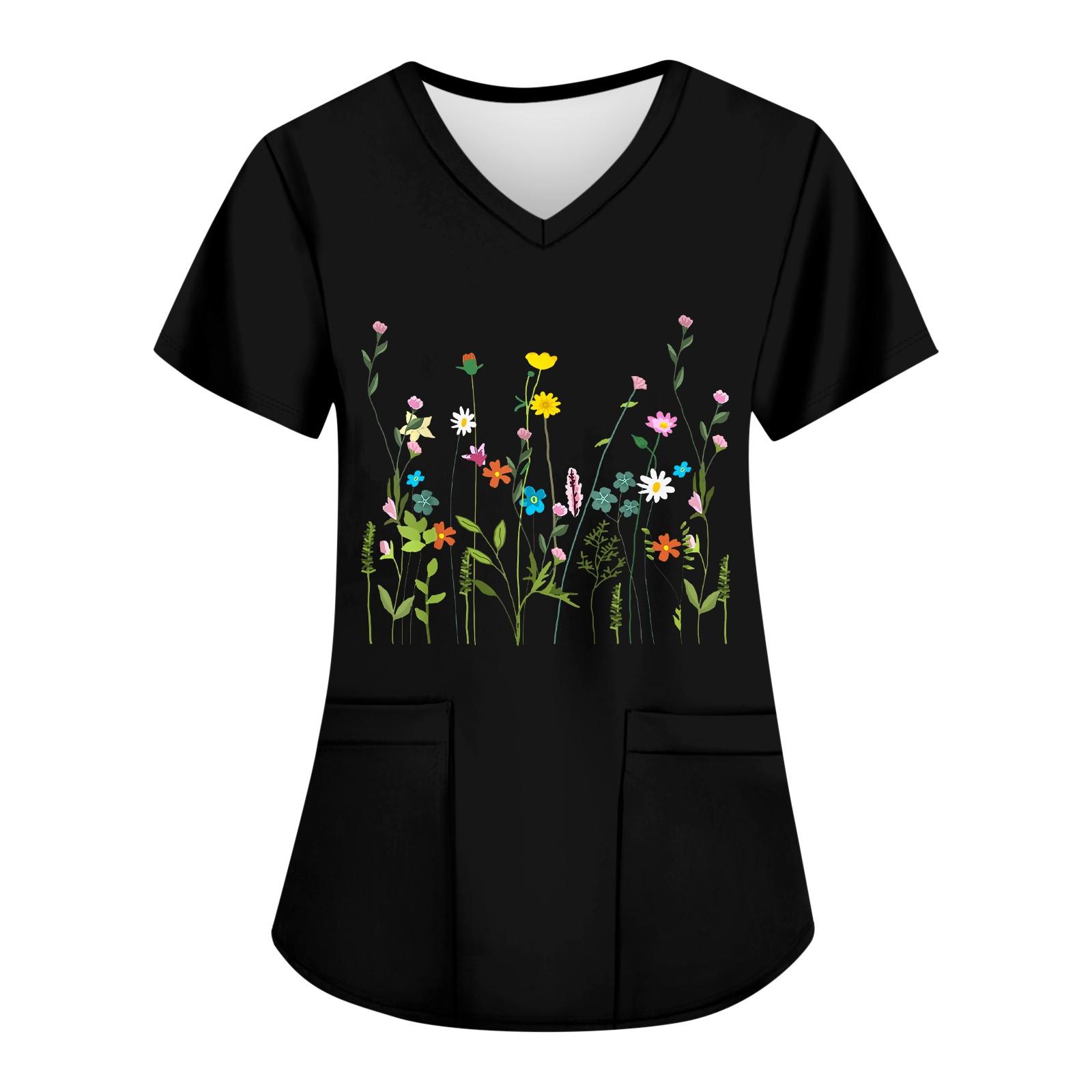 

Женские модные топы с короткими рукавами и V-образным вырезом с принтом, рабочие футболки с карманами XL чёрный