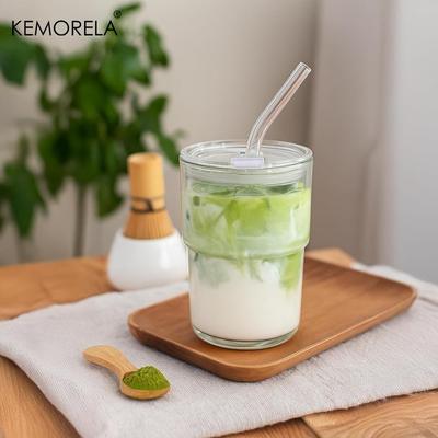 Thick Wall Glass Cup with Straw,1/2 Pcs Tumbler with Leak Proof Lid 420ML for Iced Coffee Juice Milk Tea Cola Mugs Drinkware Set