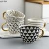 American Irregular Geometric Ceramic Coffee Cup with Gold Plated Handle Black and White Pattern Milk Tea Cup Home Accessories