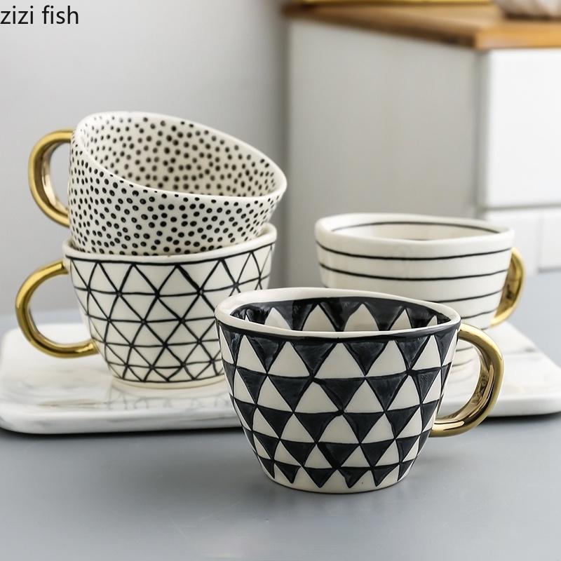 American Irregular Geometric Ceramic Coffee Cup with Gold Plated Handle Black and White Pattern Milk Tea Cup Home Accessories