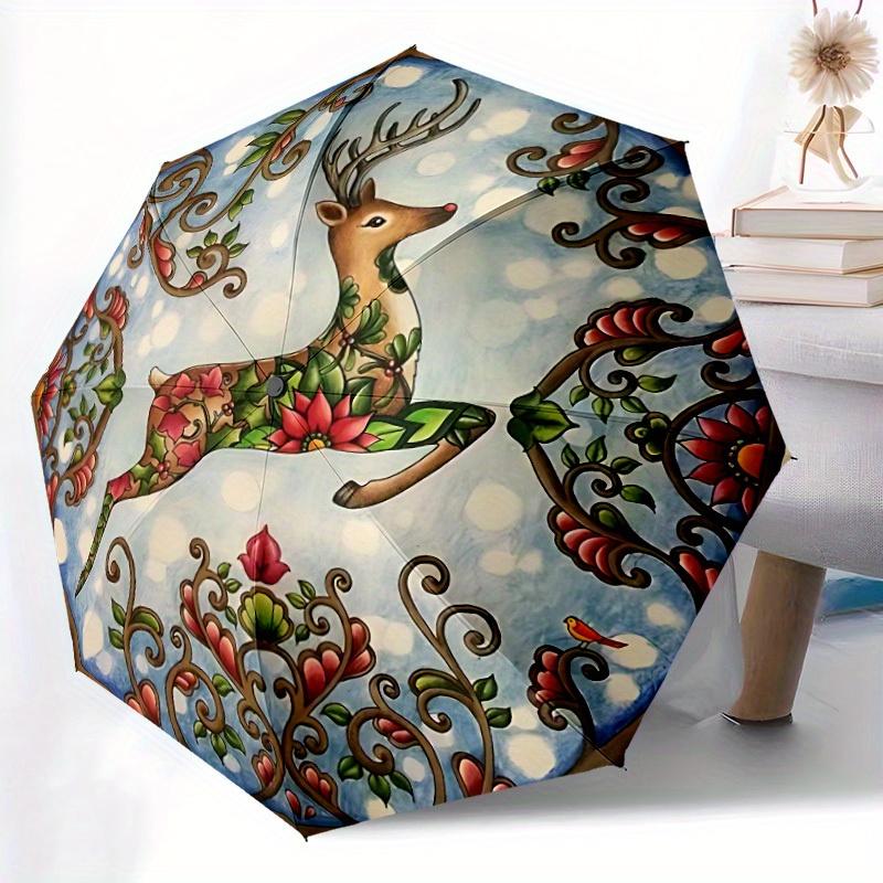 1pc Winter Deer Automatic Open/close Umbrella, 8-Rib Sturdy Structure, Portable Travel Umbrella, Parties, Everyday Use, 11178