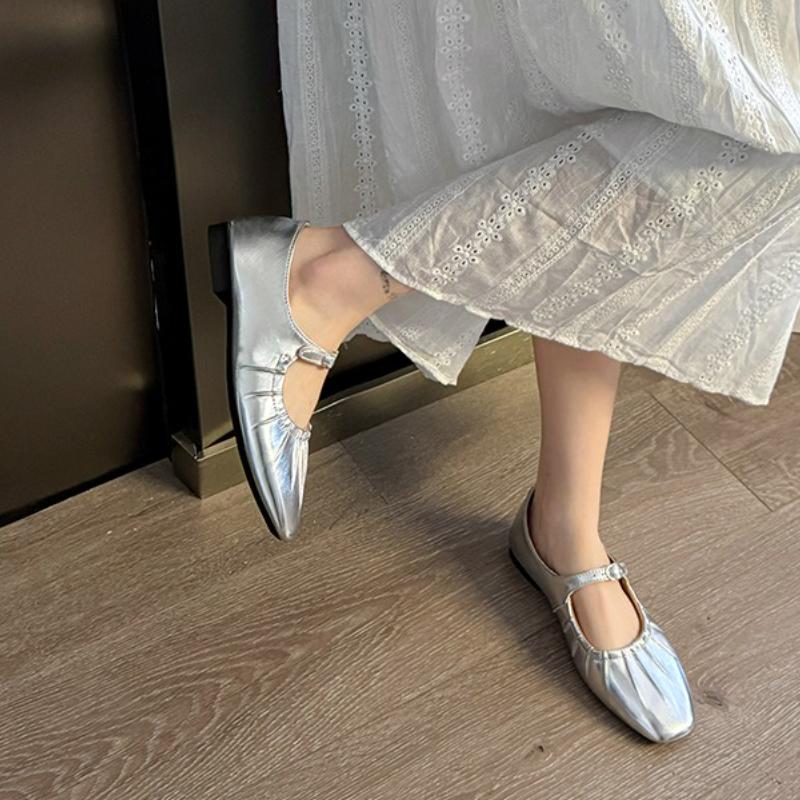 2025 Mary Jane Schoenen Glanzend Leer Ballerina's Geplooid Lage Hak Enkele Loafers Vrouwen Zachte Zool Casual Muiltjes Pumps
