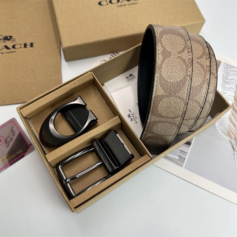 Men's Classic Double Buckle Leather Belt with C Buckle and Fabric Texture - Business Casual Trousers Accessory