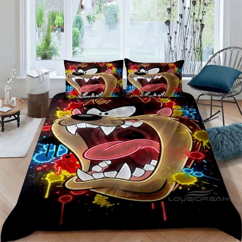 Cartoon T-Tasmanian Devil bedding set, printed single duvet cover and pillowcase three-piece set, children's and adult sizes.002