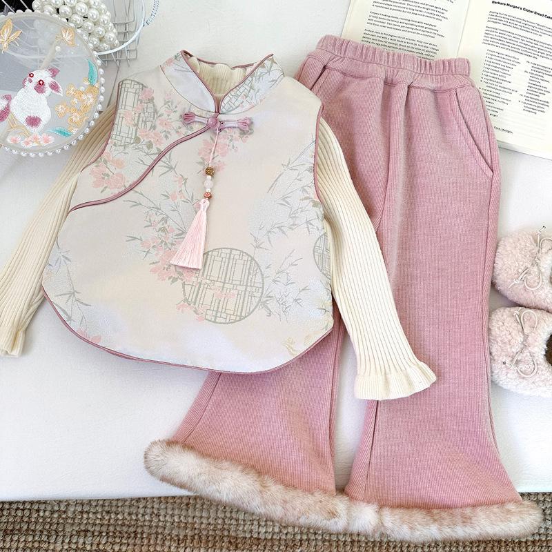 Girls' Winter 2025 Chinese-Style Fleece-Lined Vest & Flared Pants Two-Piece Set