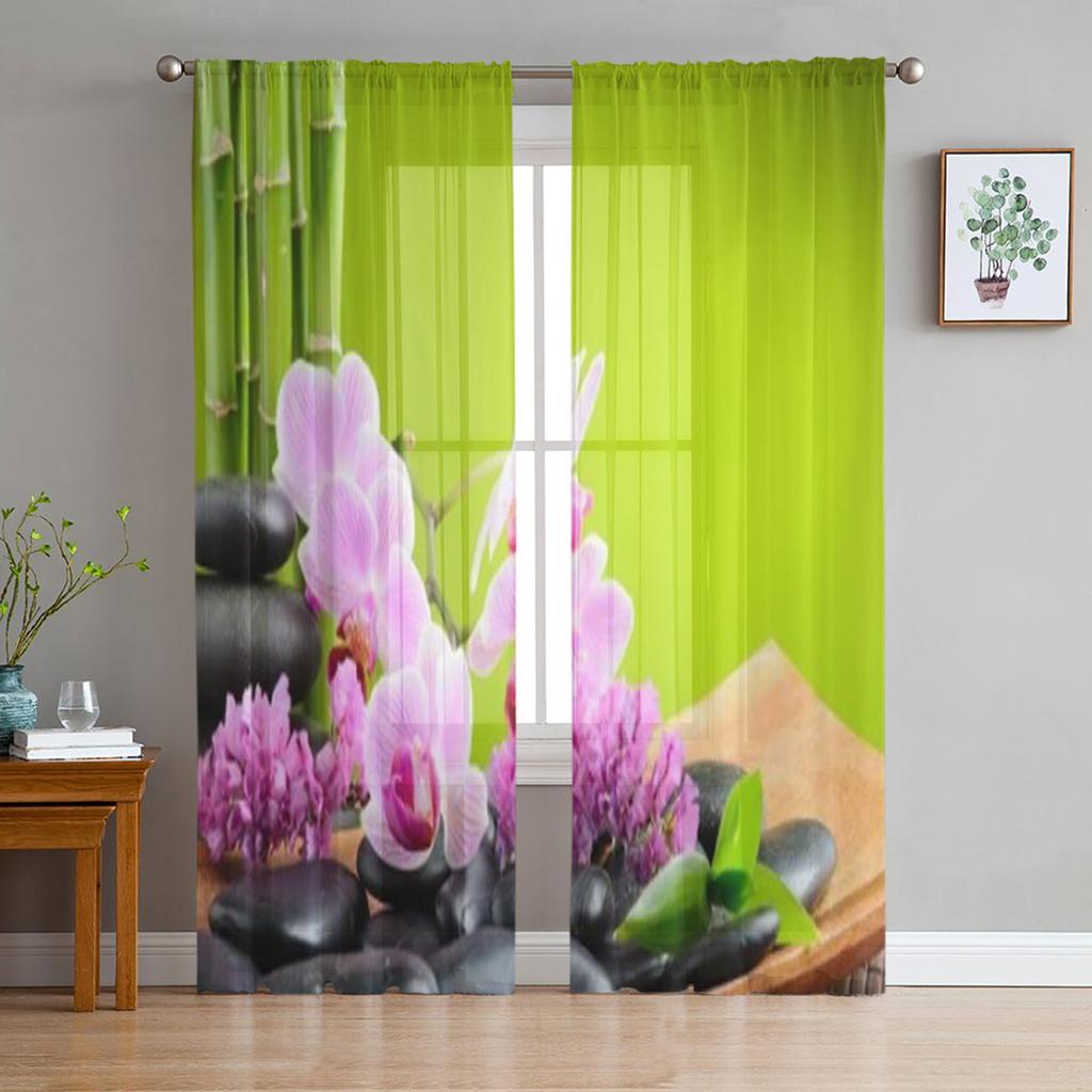 Zen Stones Orchids Flower Green Bamboo Tulle Curtains for Living Room Bedroom Decor Transparent Sheer Voile Window Curtain