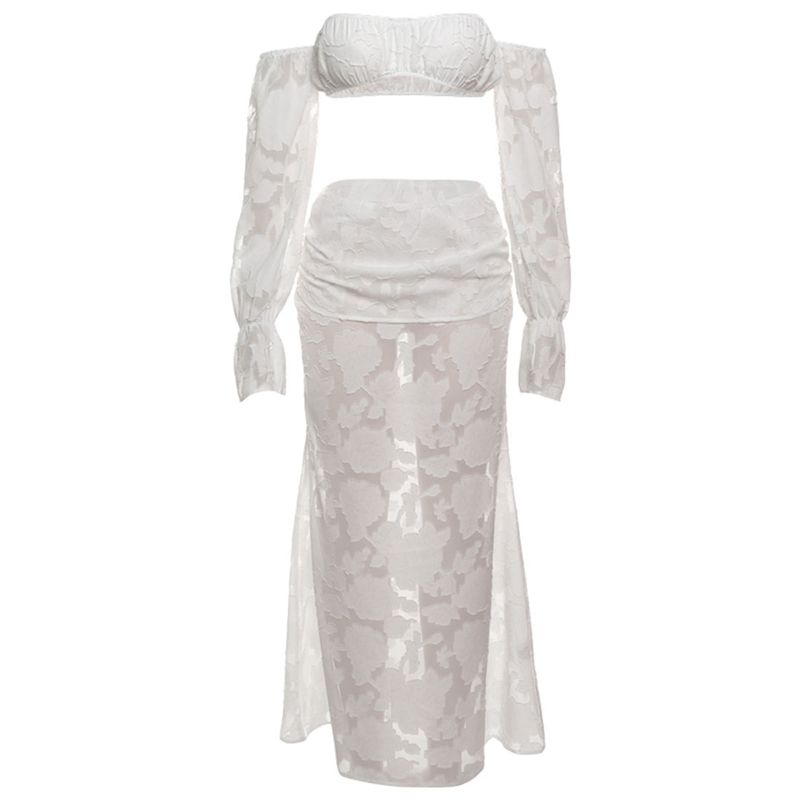 

# Sisjuly# Gyaru Seaside Holiday Style Lace Carved Transparent Sense Long sleeve Tube Top Layered Skirt Set Women White L