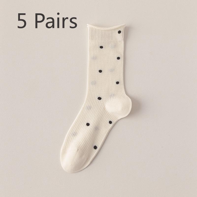 

5 Pairs Polka Dot Stacked Socks Women s Spring and Summer Thin Medium-length Mesh Breathable Anti-odour Cotton Socks Boneless One-piece Machine Sewing 5 pairs молочный белый