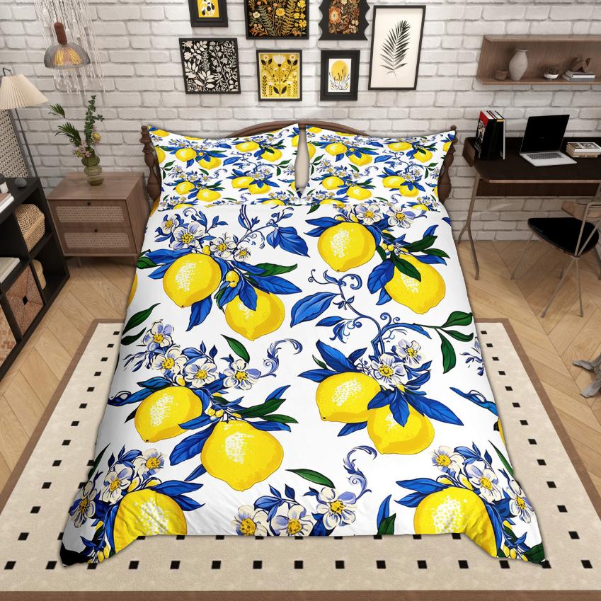 Homewish Tropical Fruit Duvet Cover Set Lemon Print Bedding Set Botanical Plant Leaf Quilt Cover Set Bedroom Decor