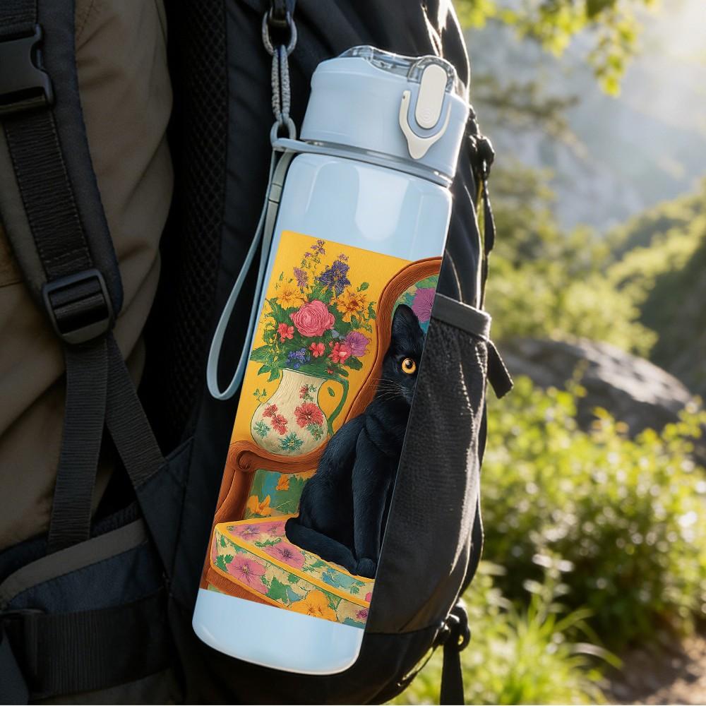 1PC Black Cat Colorful Floral Frame 750ml Color Plastic Sports Water Bottle Leakproof Flip Straw Lid Suitable for Sports Office Home Use
