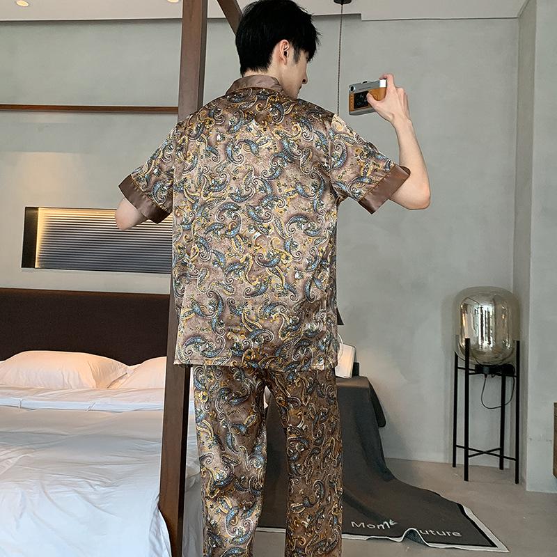 Men's Ice Silk Short Sleeve Pajama Set - Summer Thin, Long Pants, Plus Size, Loose Fit