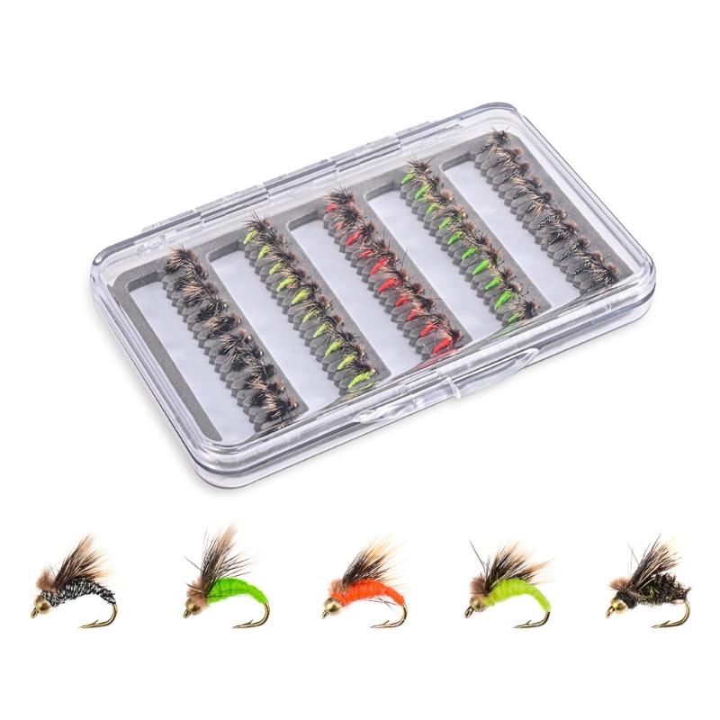 50Pcs/set Fly Fishing Lures Bass Salmon Trout Flies Fishing Tackle Dry/Wet Fishing Feather Baits Fly Fishing Flies Kits