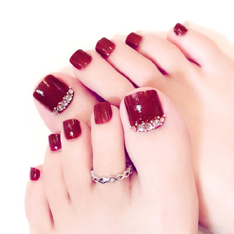 Wine Glossy False Toe Nails Fashion Square Short Full Cover 24PCS Fake Toenails