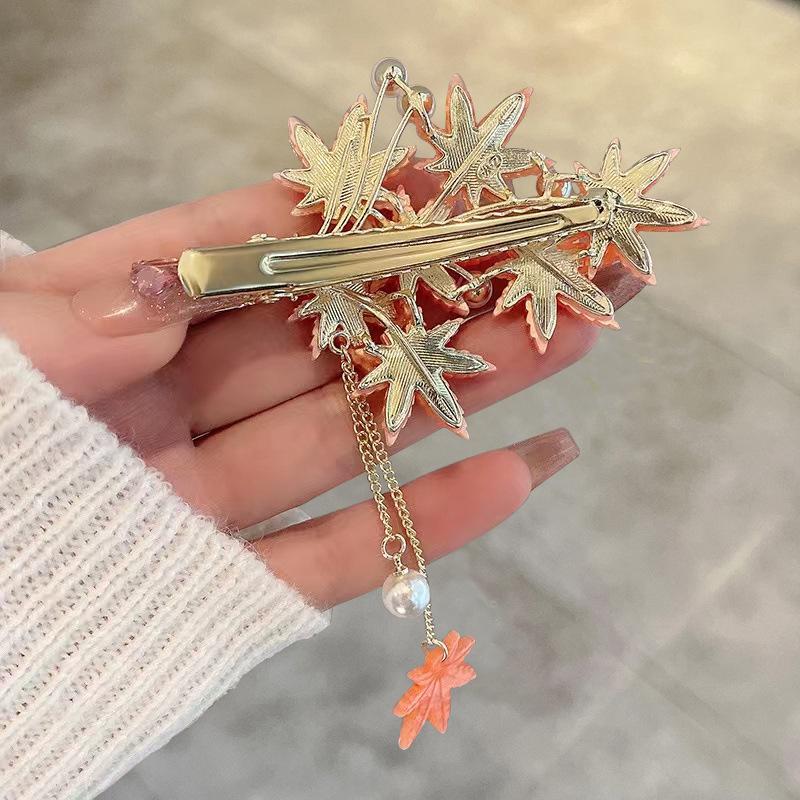 2024 Exquisite Maple Leaf Tassel Hair Clip - Elegant Duckbill Hairpin for Women