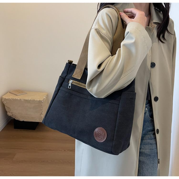 VFBNUINJKL Women's Canvas Tote Bag with Zipper, Multiple Pockets, Large Capacity, A4 Size, Lightweight, Perfect for Travel, Commuting, and School