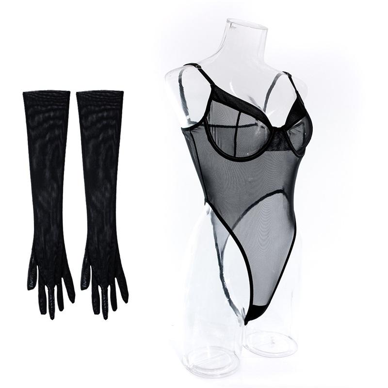 Aduloty Women Sexy Lingerie Erotic Bodysuit Perspective Minimalist Basic Slim Fit Hip Lifting Glove Matching Underwear Set