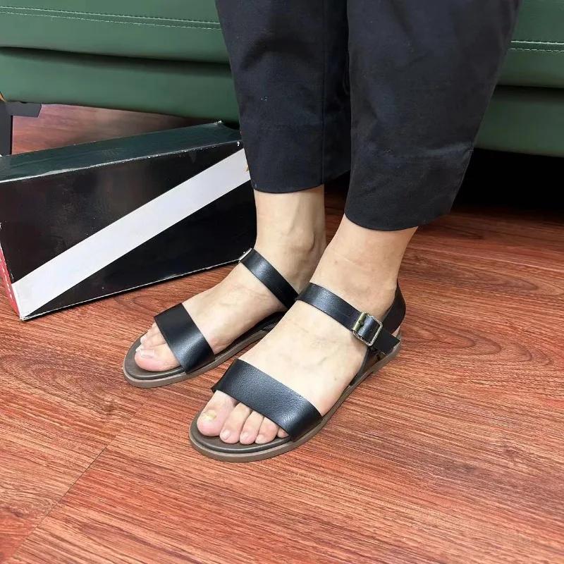 Mode Neu 2025 Damen Flache Sandalen Schnallenriemen Gladiatro Sommer Damen Sandale Komfort Leder Damenschuhe Einfarbige Flats Schuhe