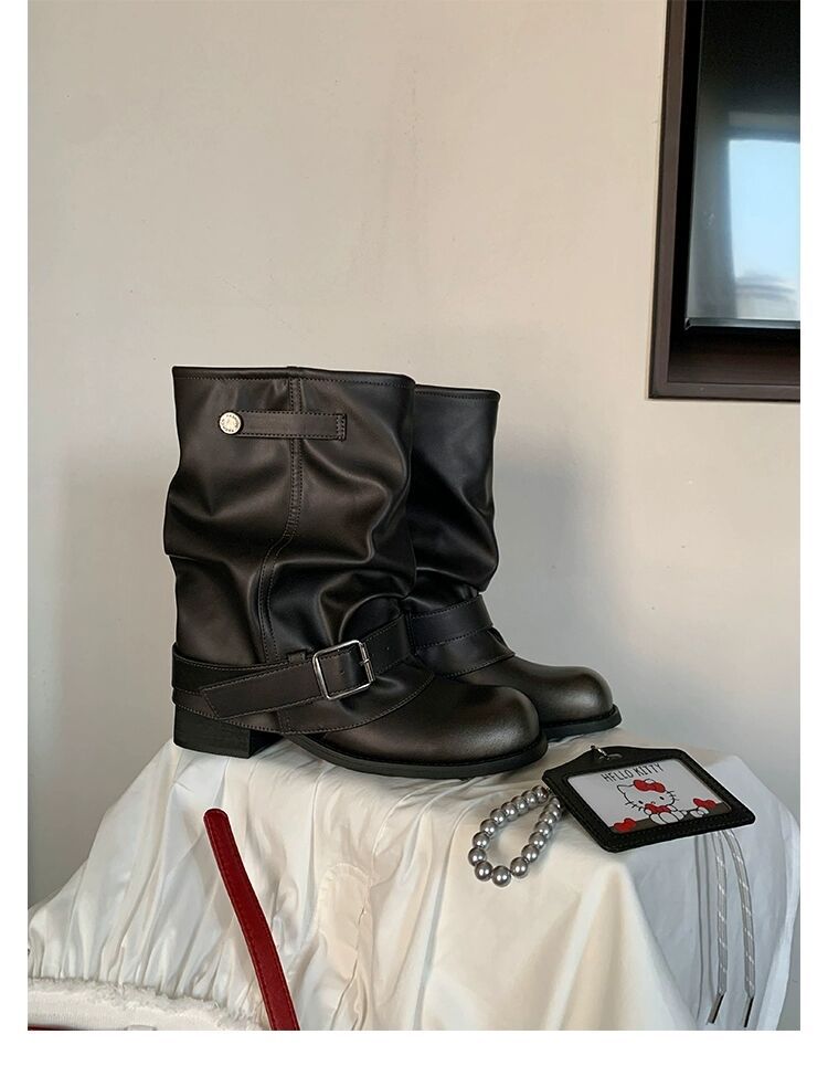 Grape Mother Studiolee Wasteland Wind Thick Bottom Heightening Width Big Tube Circumference Pile Boots Western Short Boots Women Autumn and Winter