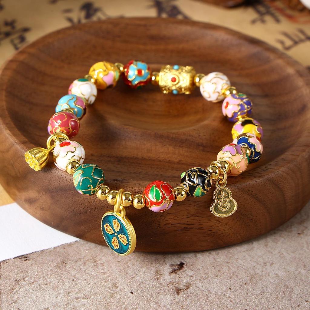 Cloisonné Five Gods of Wealth Enamel Floral Bracelet for Women
