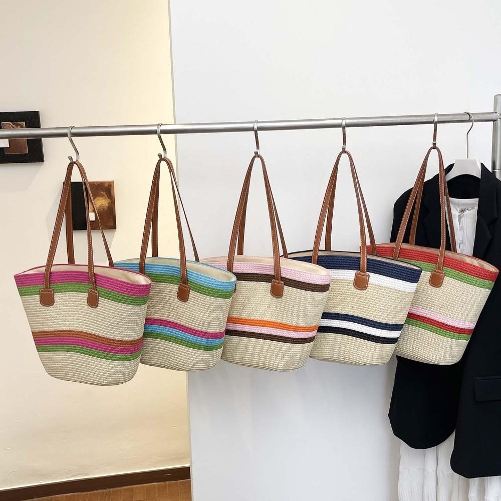 Large Capacity Stripe Woven Tote Bag Polyester Summer Beach Handbag Shopping Straw Bag  School
