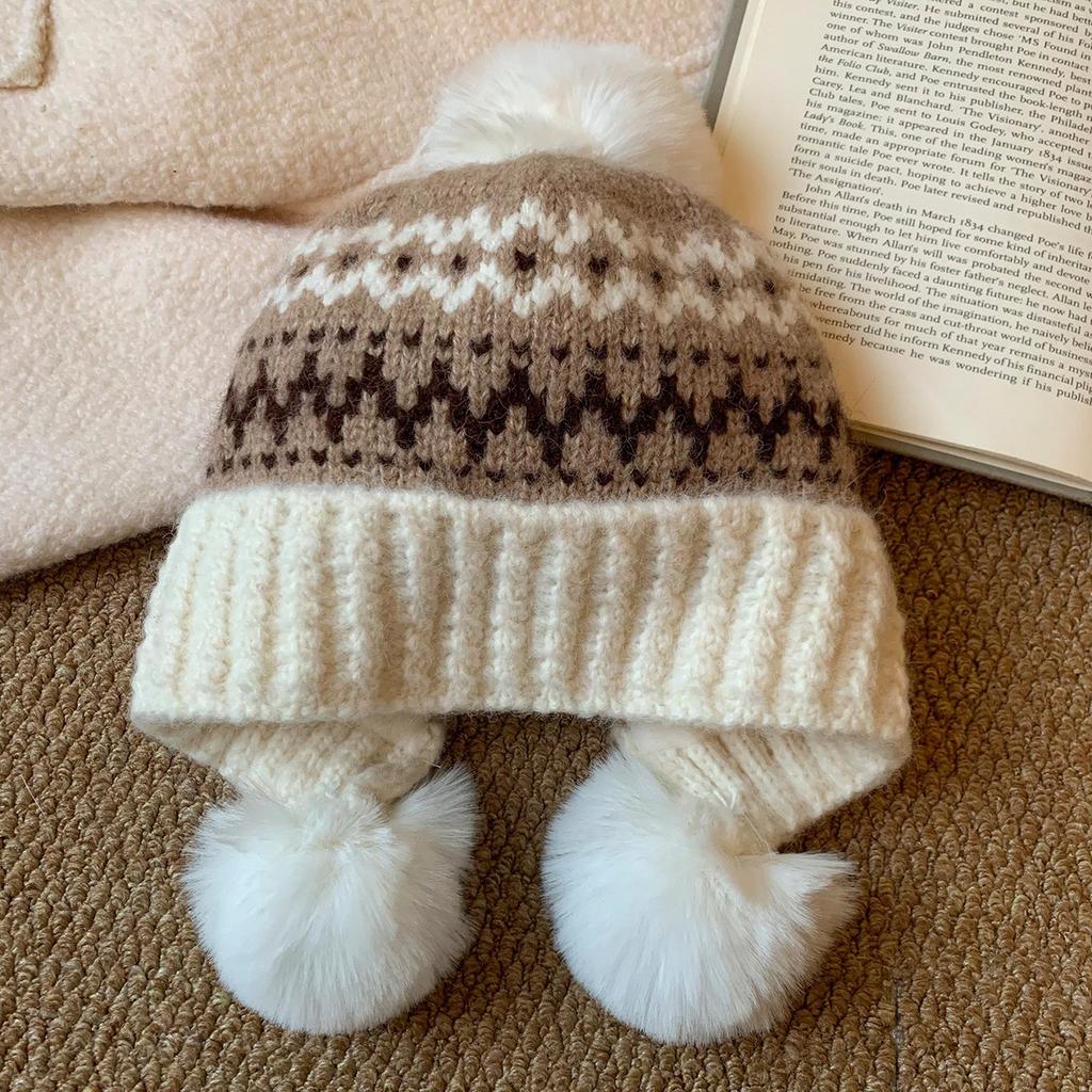 Fair Island Gray Jacquard Hairball Knitted Hat Women's Winter Thickened Warm Ear Protector Hat Small Face Cold Wool Hat