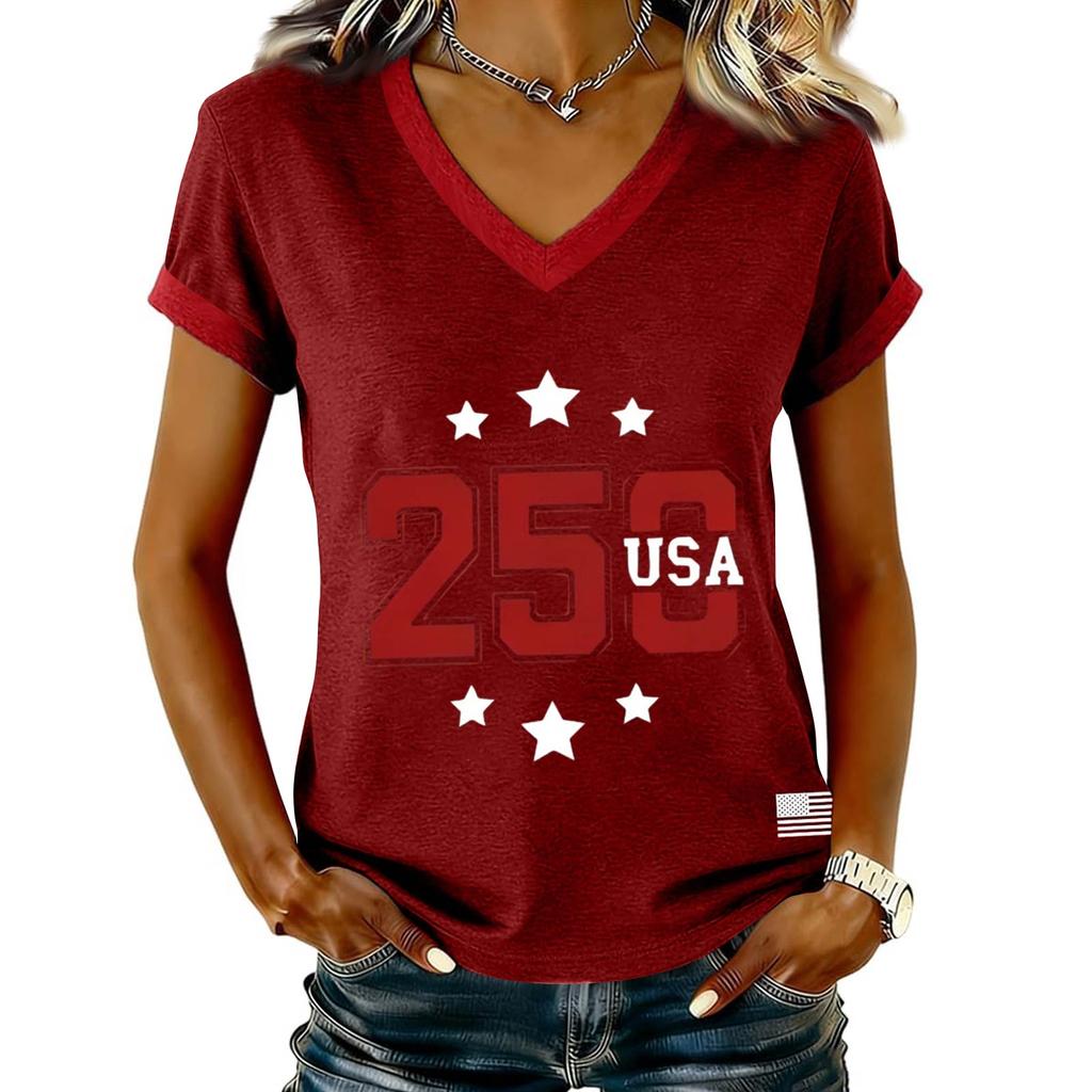 Women's Casual V Neck Short Sleeve Pullover Printed T-Shirt Top