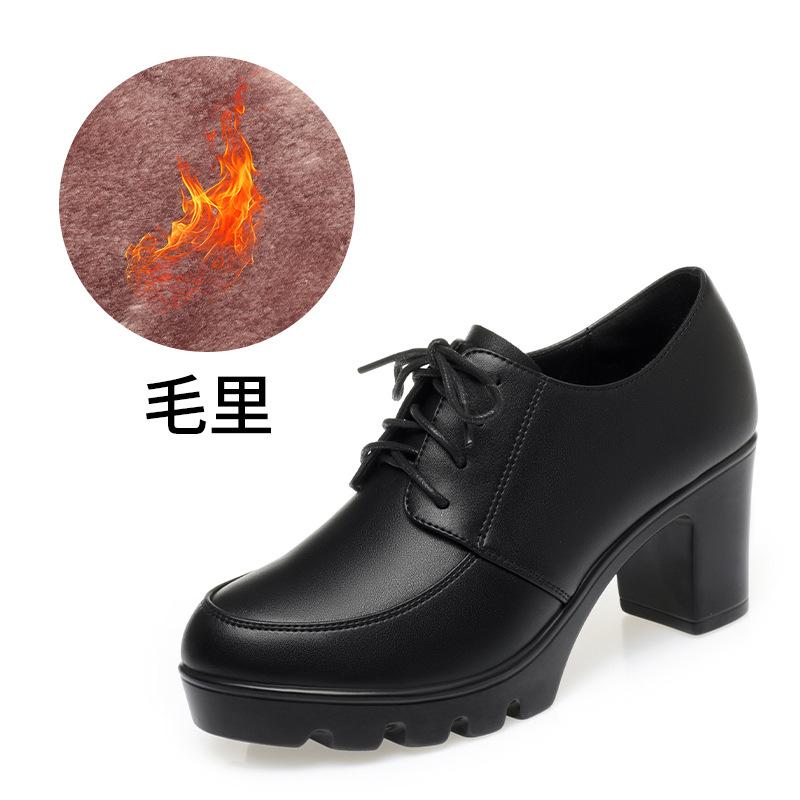 Spring and Autumn soft leather women's shoes black waterproof table high heel platform women's lace-up single shoes mother leather shoes