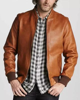 Men Jacket Brown Bomber Handmade Lambskin Leather Genuine Strips Soft Stylish