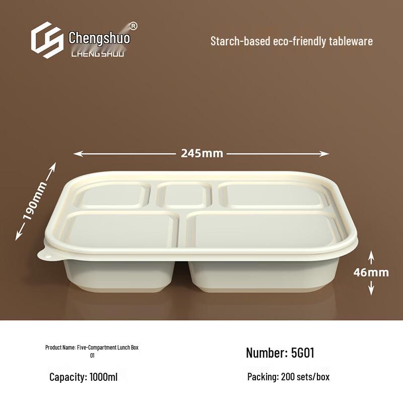 Disposable 5-Compartment Corn Starch Takeout Meal Boxes