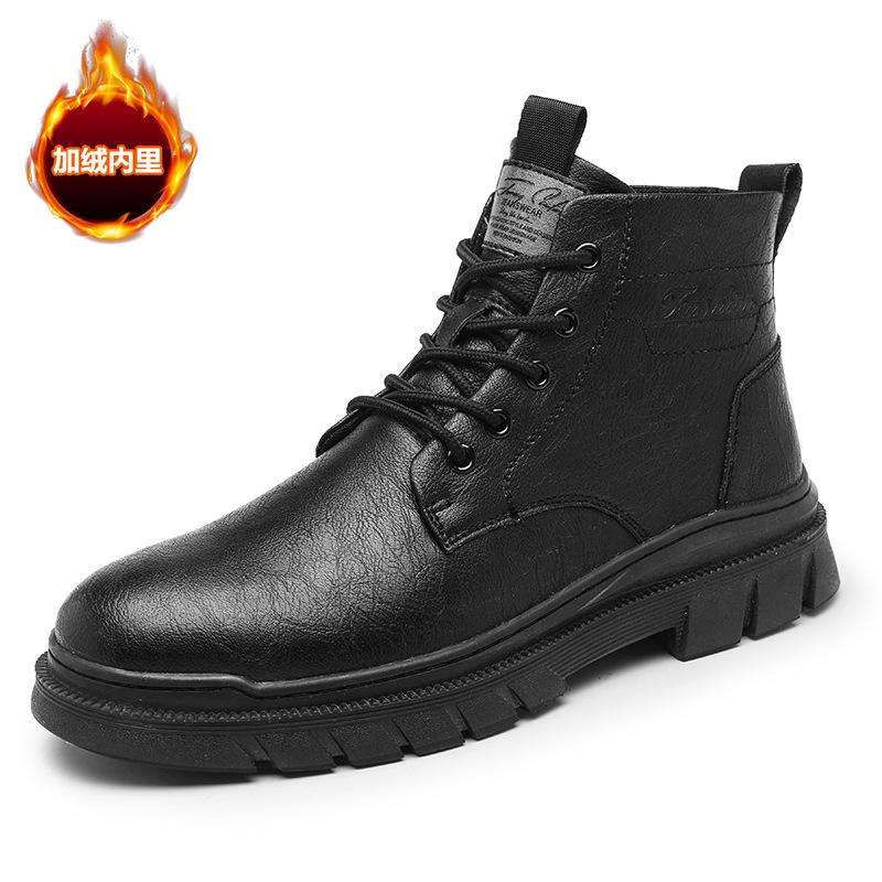 Winter Fashion Velvet Warm Martin Boots Personalized Polished High-top Leather Tooling Boots Men's Lace-up Casual Leather Boots