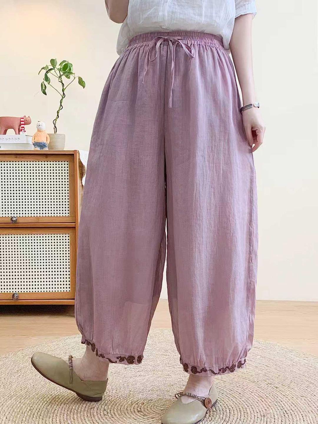 

Wide-Leg Hemp Embroidered Casual Pants with Elastic Waist - Spring 2026 Collection One Size