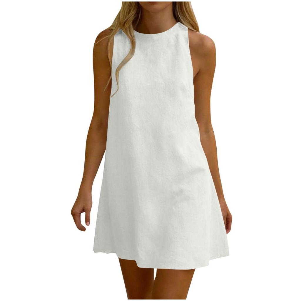 Sleeveless Pleated Dress Round Neck Short Dress Casual Vacation Dress Lightweight Summer Dress for Women