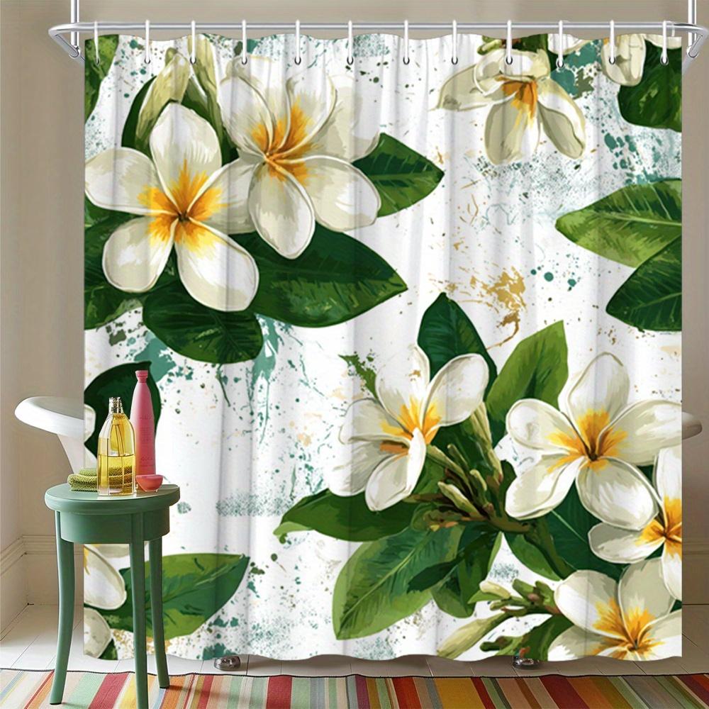 Flower Shower Curtain White Tropical Blooms With Green Leaves & Gold Splash, Hawaiian Style Bath Curtain For Vibrant Home Decor