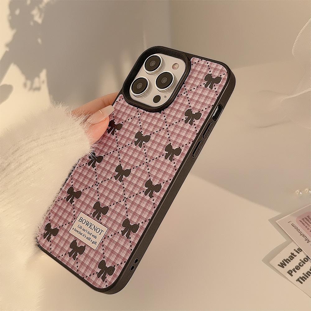 Korean Bow Plaid Mobile Phone Case 16 Apple 14promax Sweet 11 Suitable for IPhone 15 Leather 13 Winter