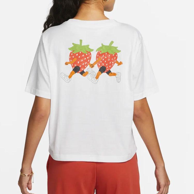 Nike Cartoon Strawberry Logo Print Comfortable Breathable Fashion Round Neck Versatile Short Sleeve T-Shirt Women T-Shirt White DR9017-100