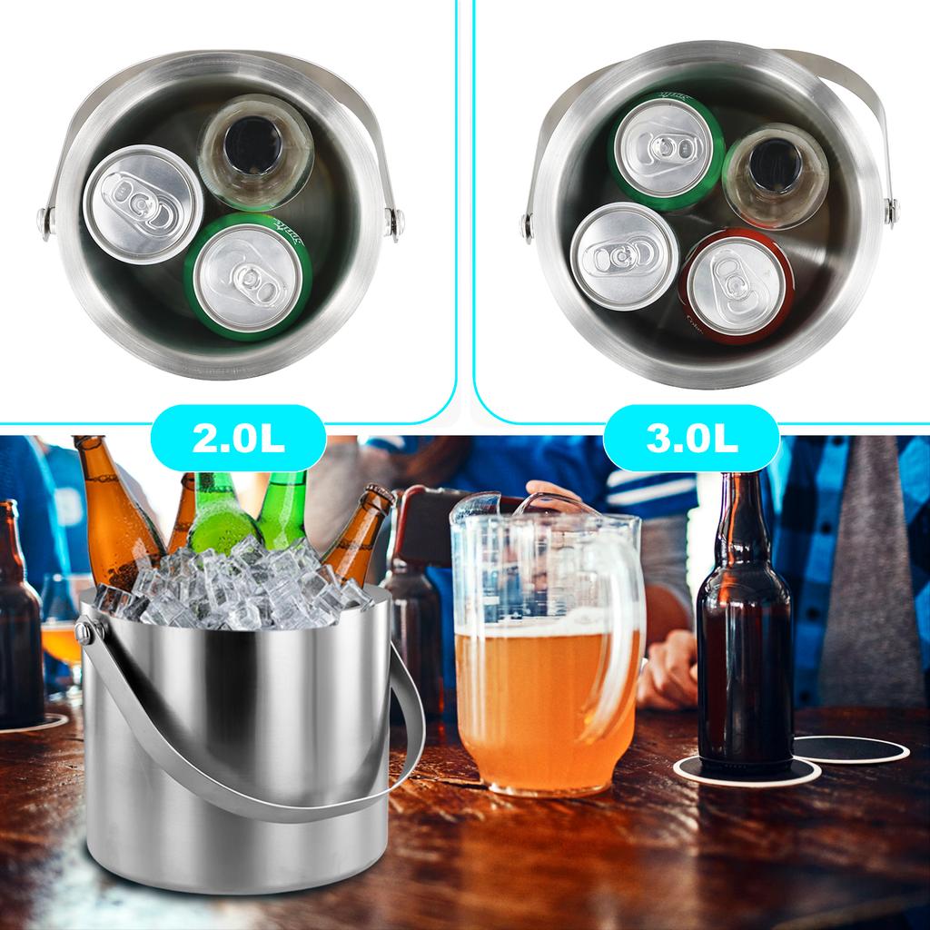 Insulated Ice Bucket with Silicone Lid, Tongs & Strainer, Double Wall Stainless Steel Ice Bucket for Parties and Bar Ice Bucket