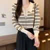 POLO Collar Chain Long Sleeved Striped Knitted Sweater Women's Autumn Outfit New Slim Fit Short Top Base Shirt Women's Clothing