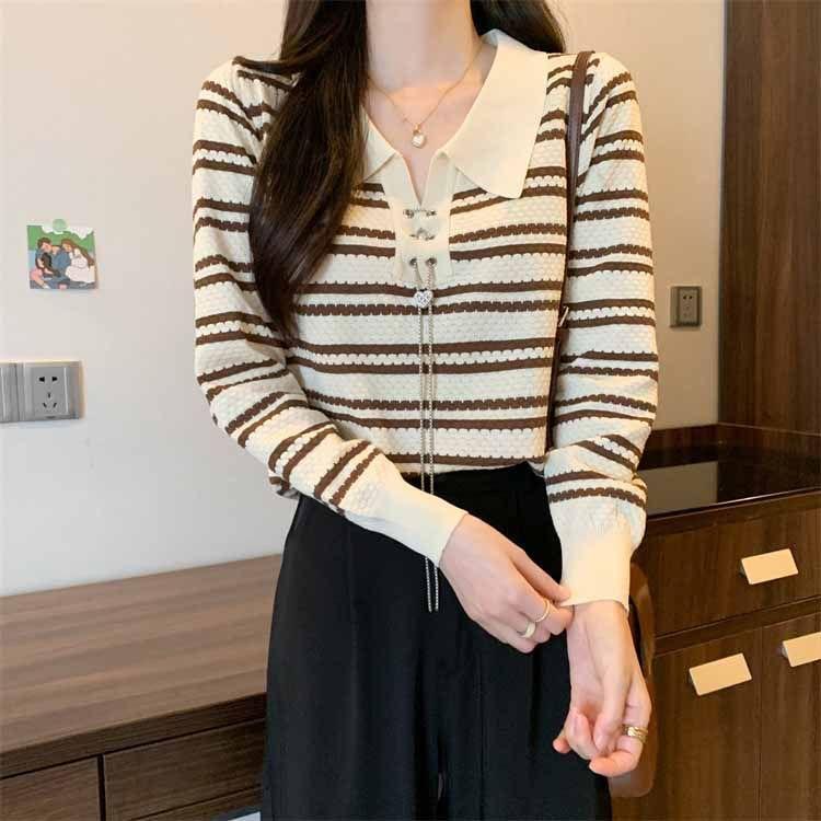 POLO Collar Chain Long Sleeved Striped Knitted Sweater Women's Autumn Outfit New Slim Fit Short Top Base Shirt Women's Clothing