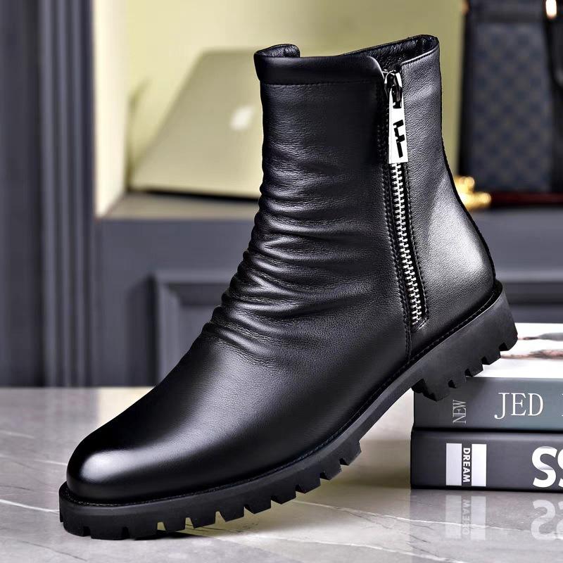 Men's High Top Boots Genuine Leather Boots British Style Business Boot Fashion Casual Dress Boot Plush Warm Winter Boots for Men