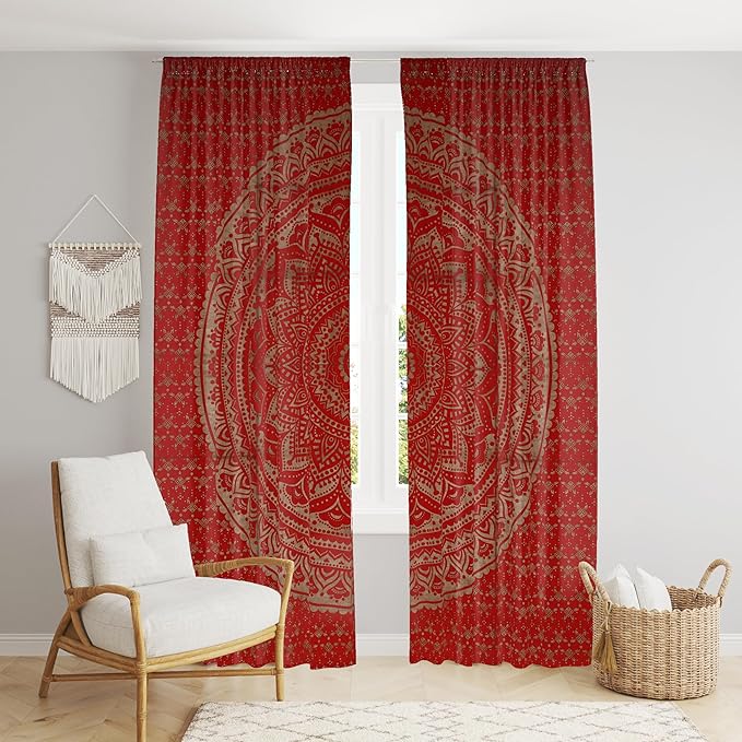 BLESS INTERNATIONAL Beautiful Indian Bohemian Psychedelic Hippie Tree of Life Window Curtain Panels for Bedroom, Living(Red Golden Flower)
