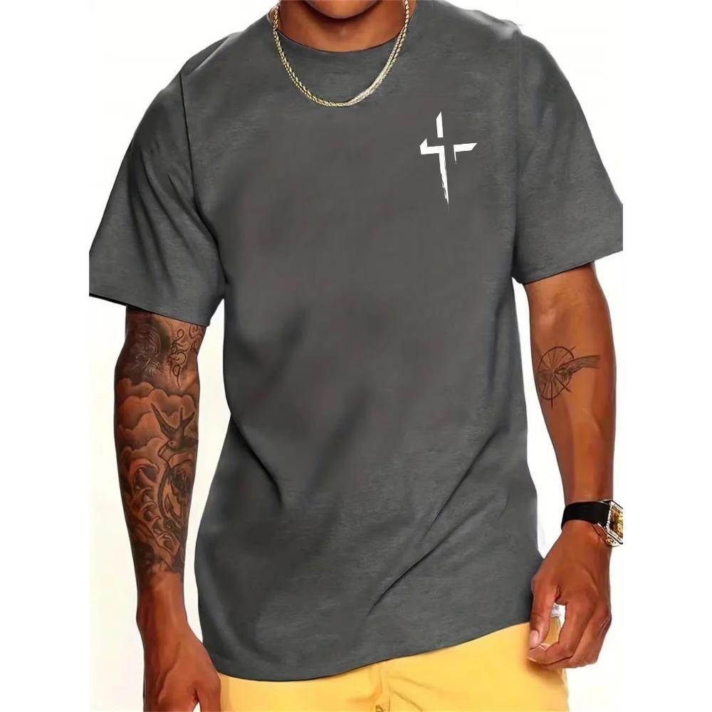 Summer Men's 100% Cotton Casual Loose Large Cross Faith Printed Sports Comfortable Round Neck Short Sleeve T-shirt Top