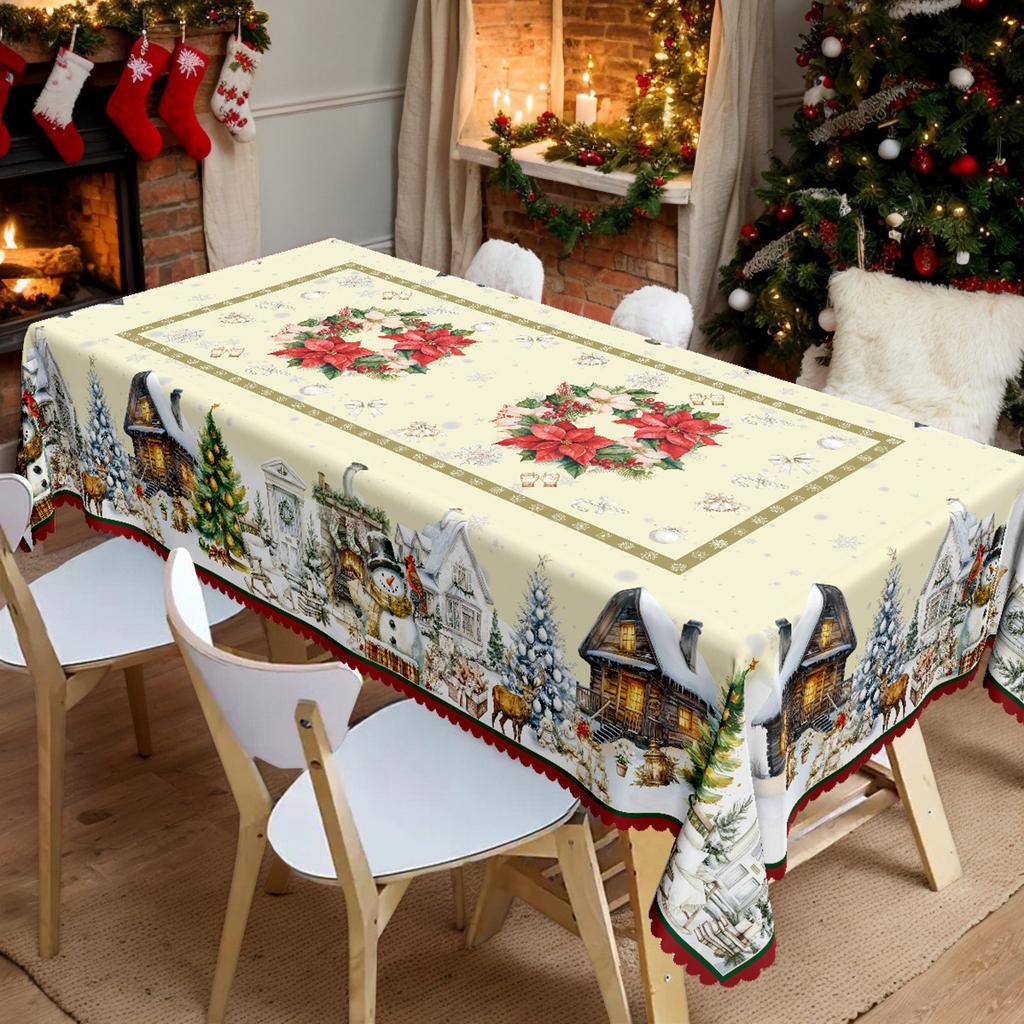 Tablecloth with Embossed Edges , Featuring a Merry Christmas Theme for Parties, Adorned with a Buffalo Check Bow, Poinsettias, Christmas Trees