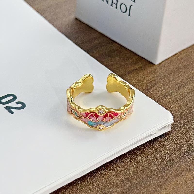 Retro Medieval Gradual Change Enamel Drop Glaze Opening Ring Women'S Niche Design Sense Light Luxury Sweet Cool Index Finger Ring